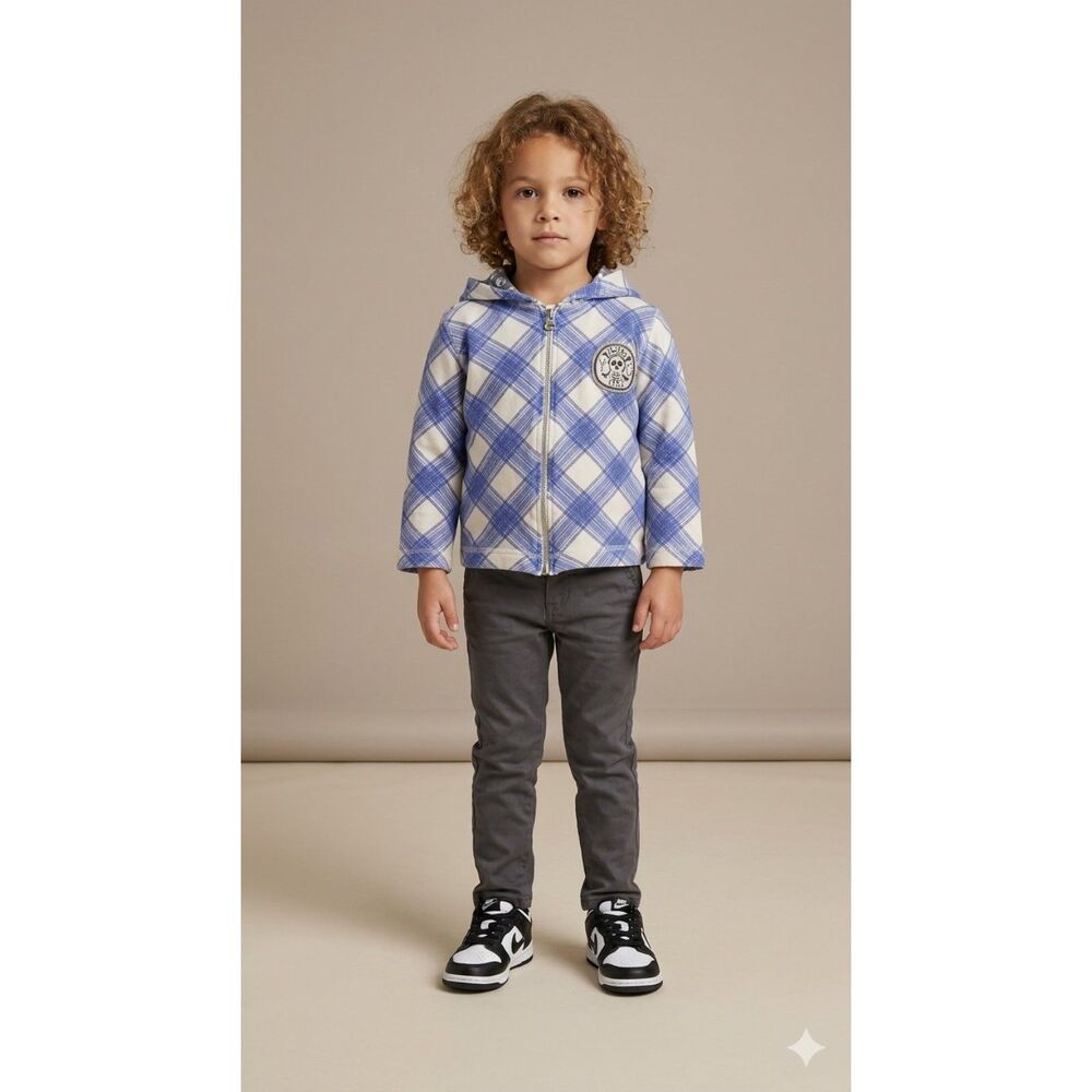 Y2K Baby Gap Blue Retro Plaid Skull Zip Up Hoodie Sweatshirt 3T